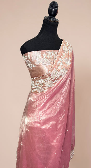 Pink Pure Banarasi Tissue Handloom Saree - Handwork