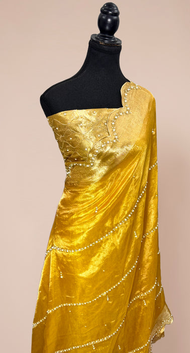 Gold Pure Banarasi Tissue Handloom Saree - Handwork