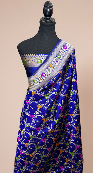 Royal Blue Pure Katan Banarasi Handloom Saree - Meenakari Work