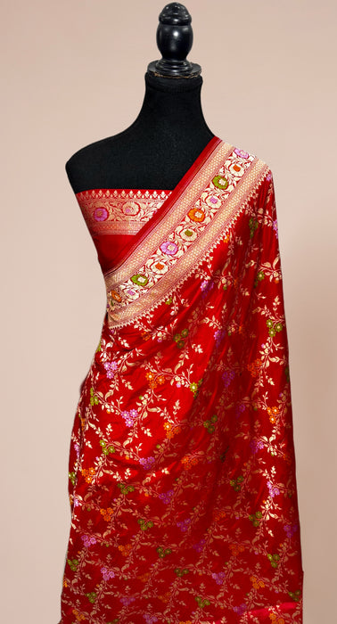 Red Pure Katan Banarasi Handloom Saree - Meenakari Work