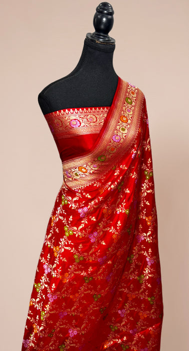 Red Pure Katan Banarasi Handloom Saree - Meenakari Work