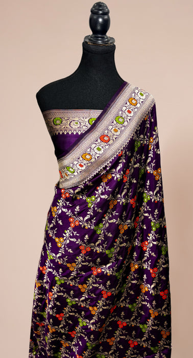 Dark Purple Pure Katan Banarasi Handloom Saree - Meenakari Work