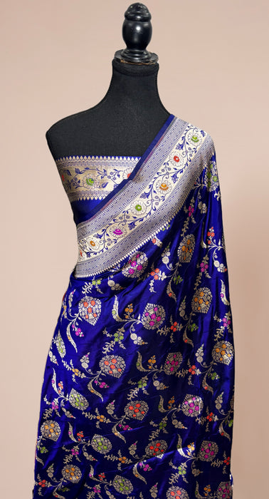 Royal Blue Pure Katan Banarasi Handloom Saree - Meenakari Work