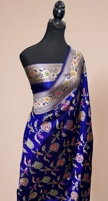 Royal Blue Pure Katan Banarasi Handloom Saree - Meenakari Work