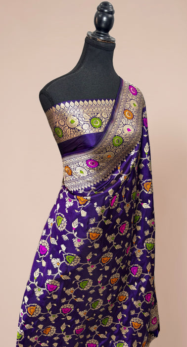 Dark Purple Green Pure Katan Banarasi Handloom Saree - Meenakari Work