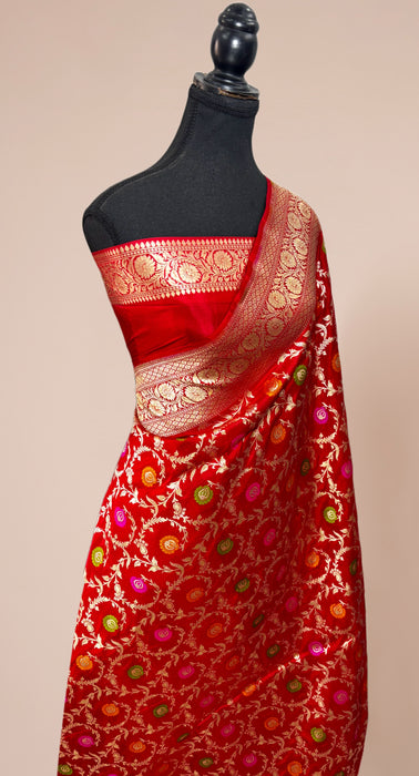 Red Pure Katan Banarasi Handloom Saree - Meenakari Work