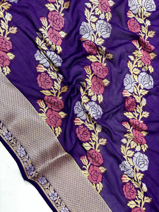 Purple Pure Khaddi Chiffon Banarasi Saree