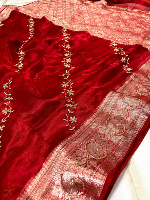 Red Pure Banarasi Tissue Handloom Saree - Handwork
