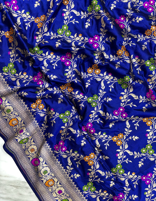 Royal Blue Pure Katan Banarasi Handloom Saree - Meenakari Work