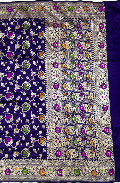 Dark Purple Green Pure Katan Banarasi Handloom Saree - Meenakari Work