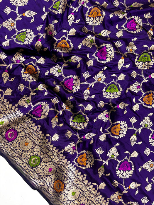 Dark Purple Green Pure Katan Banarasi Handloom Saree - Meenakari Work