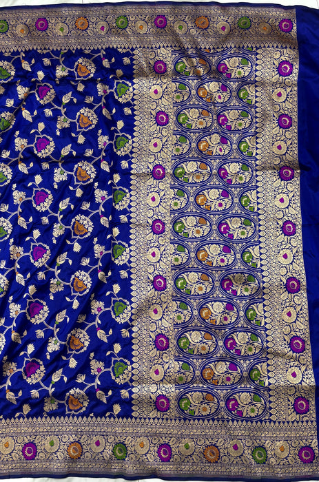 Royal Blue Pure Katan Banarasi Handloom Saree - Meenakari Work