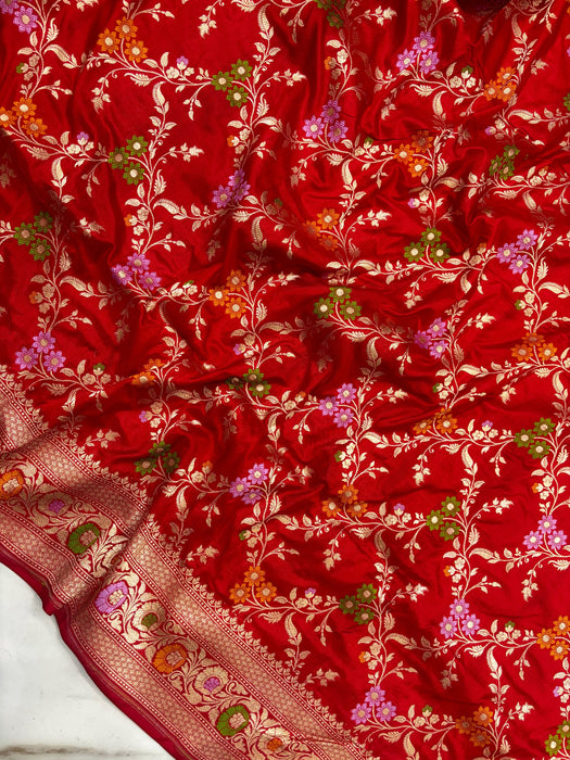 Red Pure Katan Banarasi Handloom Saree - Meenakari Work