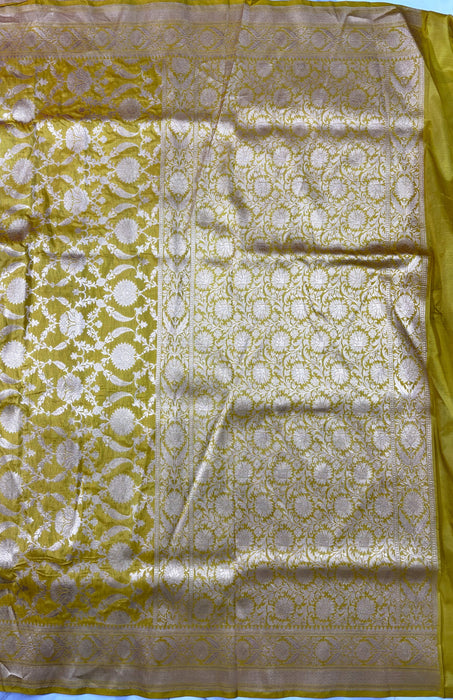 Yellow Pure Katan Silk Banarasi Handloom Saree - Jaal Work