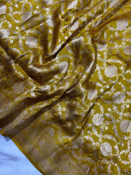 Yellow Pure Katan Silk Banarasi Handloom Saree - Jaal Work
