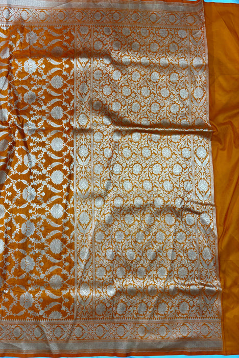 Orange Pure Katan Silk Banarasi Handloom Saree - Kadhwa Motifs