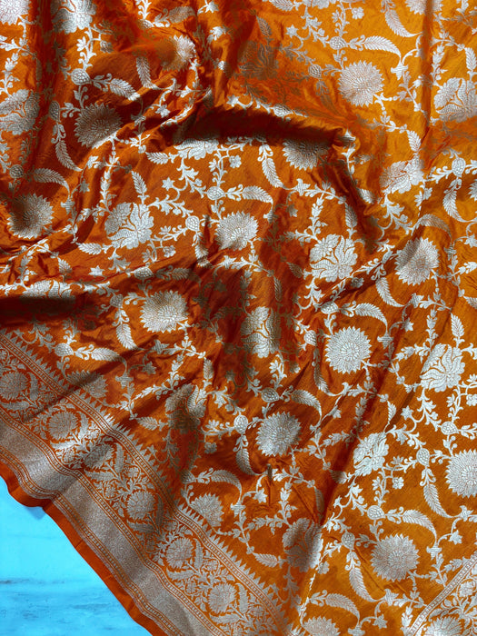 Orange Pure Katan Silk Banarasi Handloom Saree - Kadhwa Motifs