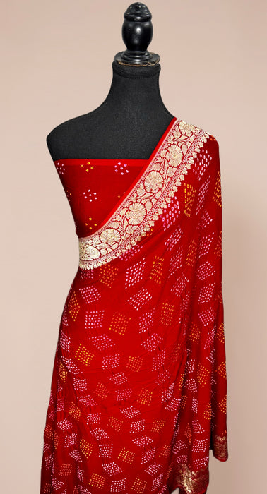 Handwoven Red Pure Georgette Bandhani Banarasi Saree - All over Bandhani Work