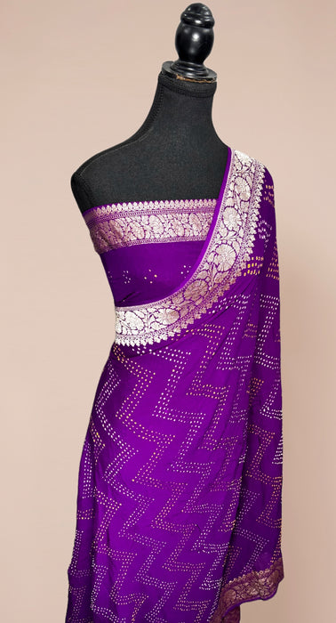 Handwoven Purple Pure Georgette Bandhani Banarasi Saree - All over Bandhani Work