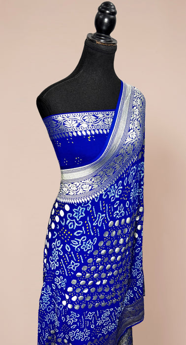 Handwoven Blue Pure Georgette Bandhani Banarasi Saree - All over Bandhani Work