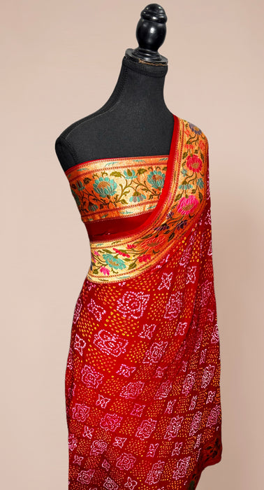 Handwoven Red Pure Georgette Bandhani Banarasi Saree - All over Bandhani Work