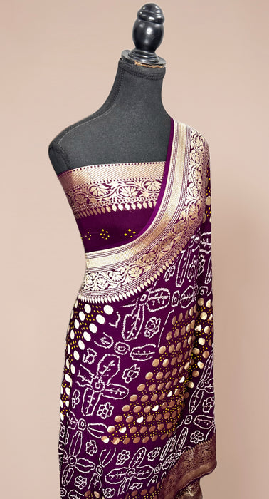 Handwoven Wine Pure Georgette Bandhani Banarasi Saree - All over Bandhani Work