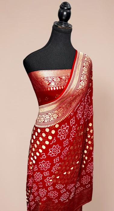 Handwoven Red Pure Georgette Bandhani Banarasi Saree - All over Bandhani Work