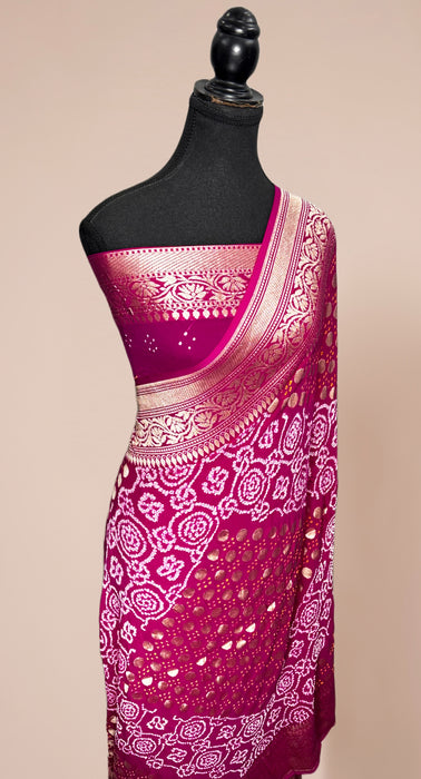 Handwoven Rani Pure Georgette Bandhani Banarasi Saree - All over Bandhani Work