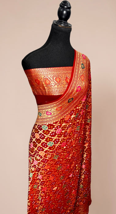 Handwoven Red Pure Georgette Bandhani Banarasi Saree - Meenakari Work