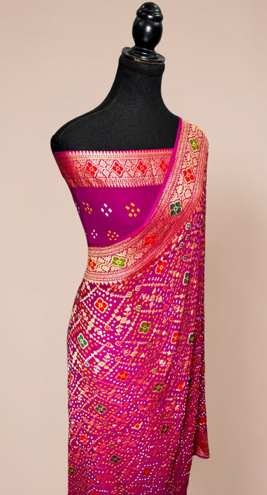 Handwoven Rani Pure Georgette Bandhani Banarasi Saree - Meenakari Work