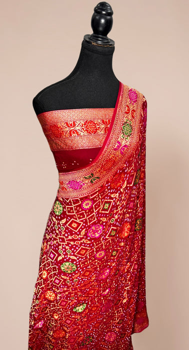 Handwoven Red Pure Georgette Bandhani Banarasi Saree - Meenakari Work
