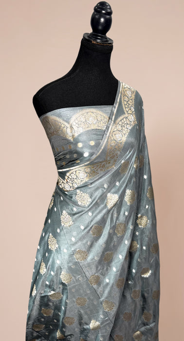 Gray Pure Katan Banarasi Handloom Saree - Sona Roopa motifs