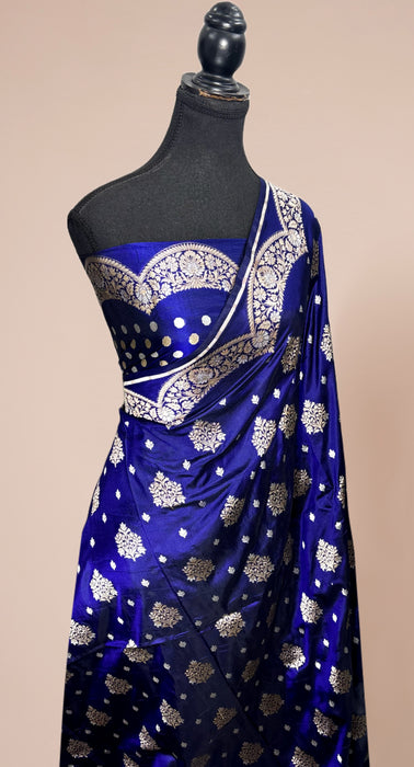 Navy Blue Pure Katan Banarasi Handloom Saree - Sona Roopa motifs