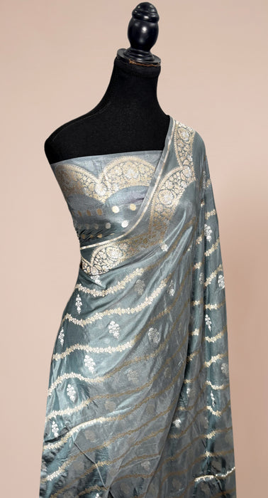 Gray Pure Katan Banarasi Handloom Saree - Sona Roopa motifs