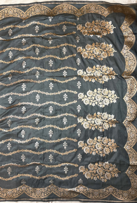 Gray Pure Katan Banarasi Handloom Saree - Sona Roopa motifs