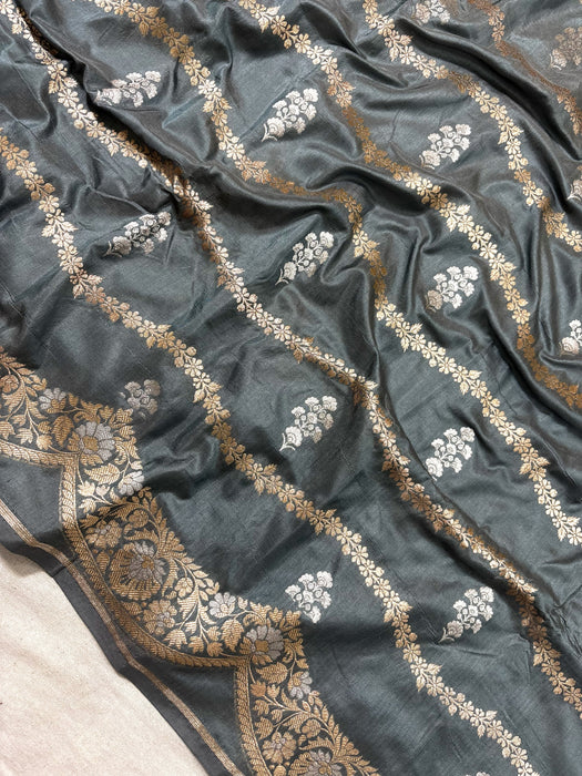 Gray Pure Katan Banarasi Handloom Saree - Sona Roopa motifs