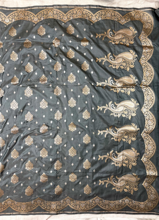 Gray Pure Katan Banarasi Handloom Saree - Sona Roopa motifs
