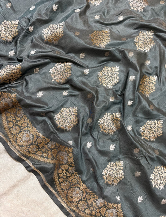 Gray Pure Katan Banarasi Handloom Saree - Sona Roopa motifs