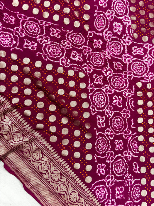 Handwoven Rani Pure Georgette Bandhani Banarasi Saree - All over Bandhani Work
