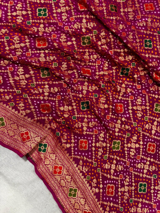 Handwoven Rani Pure Georgette Bandhani Banarasi Saree - Meenakari Work