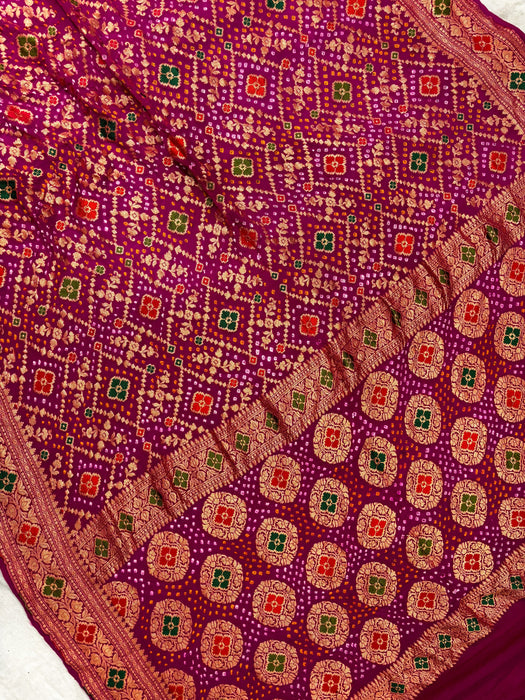 Handwoven Rani Pure Georgette Bandhani Banarasi Saree - Meenakari Work