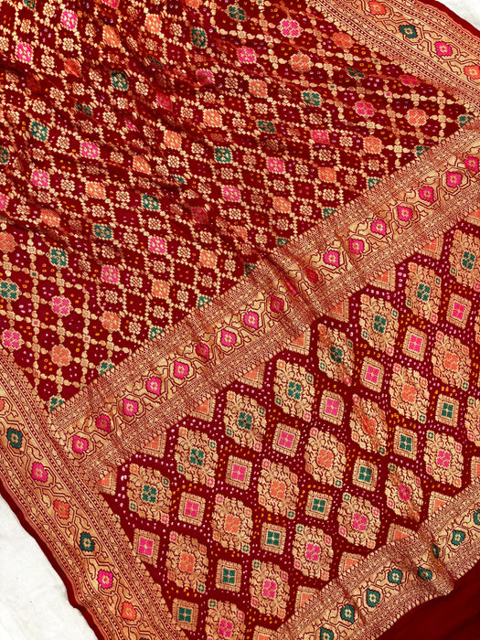 Handwoven Red Pure Georgette Bandhani Banarasi Saree - Meenakari Work
