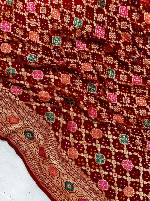 Handwoven Red Pure Georgette Bandhani Banarasi Saree - Meenakari Work