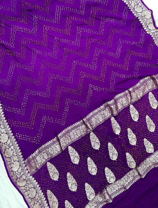 Handwoven Purple Pure Georgette Bandhani Banarasi Saree - All over Bandhani Work