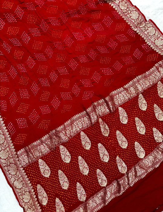 Handwoven Red Pure Georgette Bandhani Banarasi Saree - All over Bandhani Work
