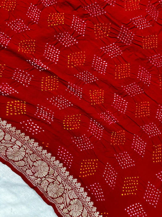 Handwoven Red Pure Georgette Bandhani Banarasi Saree - All over Bandhani Work