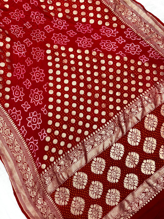 Handwoven Red Pure Georgette Bandhani Banarasi Saree - All over Bandhani Work