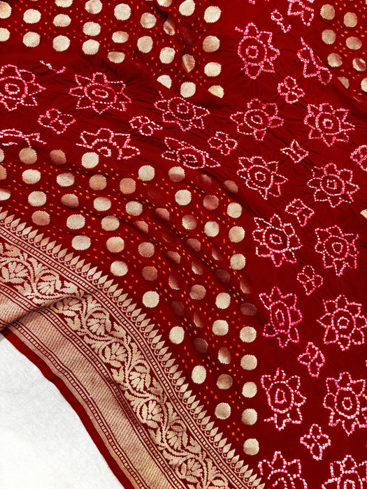 Handwoven Red Pure Georgette Bandhani Banarasi Saree - All over Bandhani Work