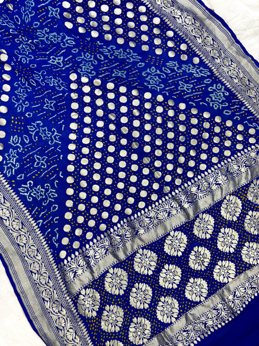 Handwoven Blue Pure Georgette Bandhani Banarasi Saree - All over Bandhani Work