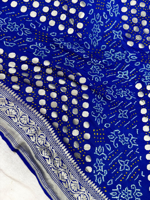 Handwoven Blue Pure Georgette Bandhani Banarasi Saree - All over Bandhani Work